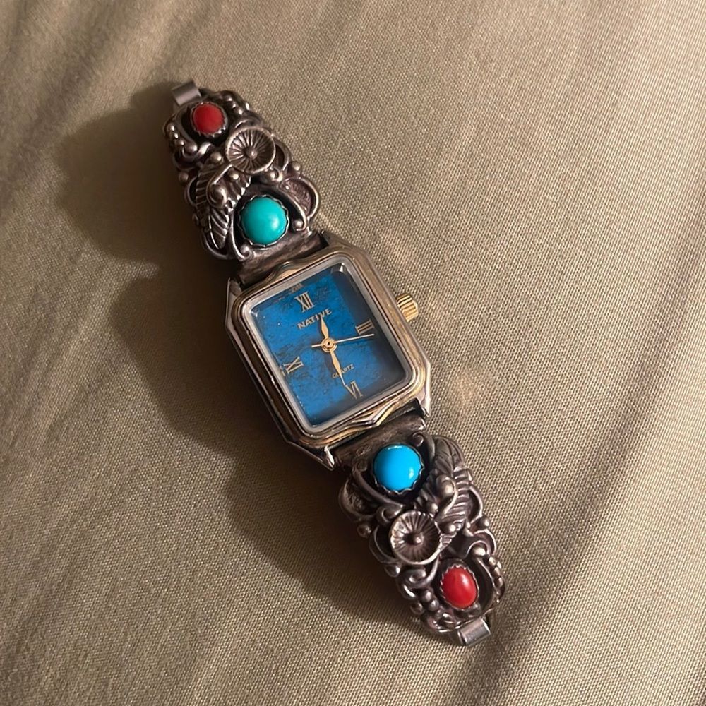 Navajo Native Silver American Turquoise & Coral Stone Watch